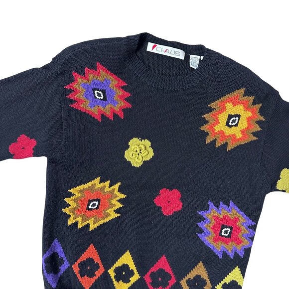 Vintage Black Sweater Colorful 80s Geometric Floral Sz Small Chaus Shoulder Pads - Picture 1 of 6